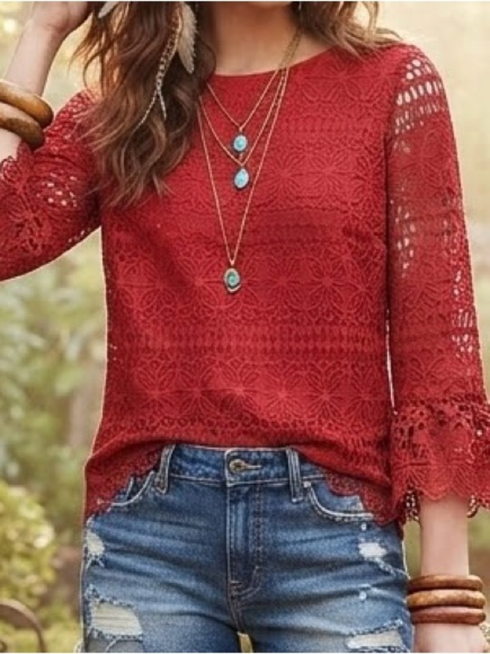 Talbots Red Floral Lace Bell Sleeve Holiday Party Blouse Small